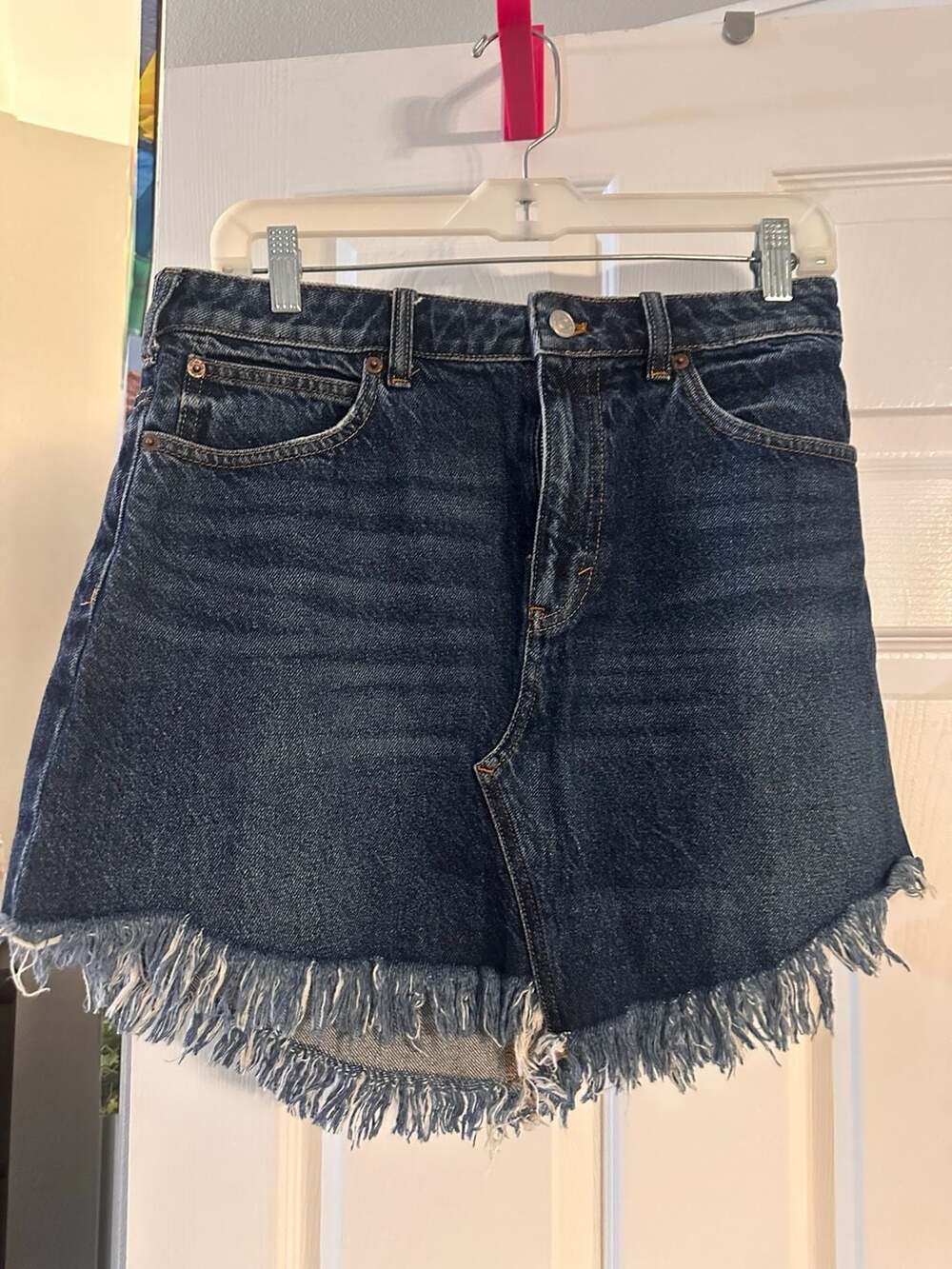 Free People We The Free Bailey Fringe Denim Mini Skirt Size 29 Blue